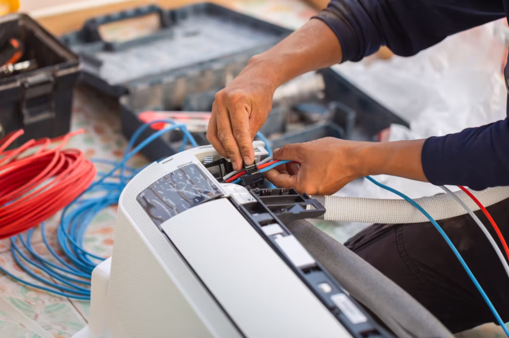 Hands connecting colored control wires inside an air conditioning unit, with coiled cable nearby.